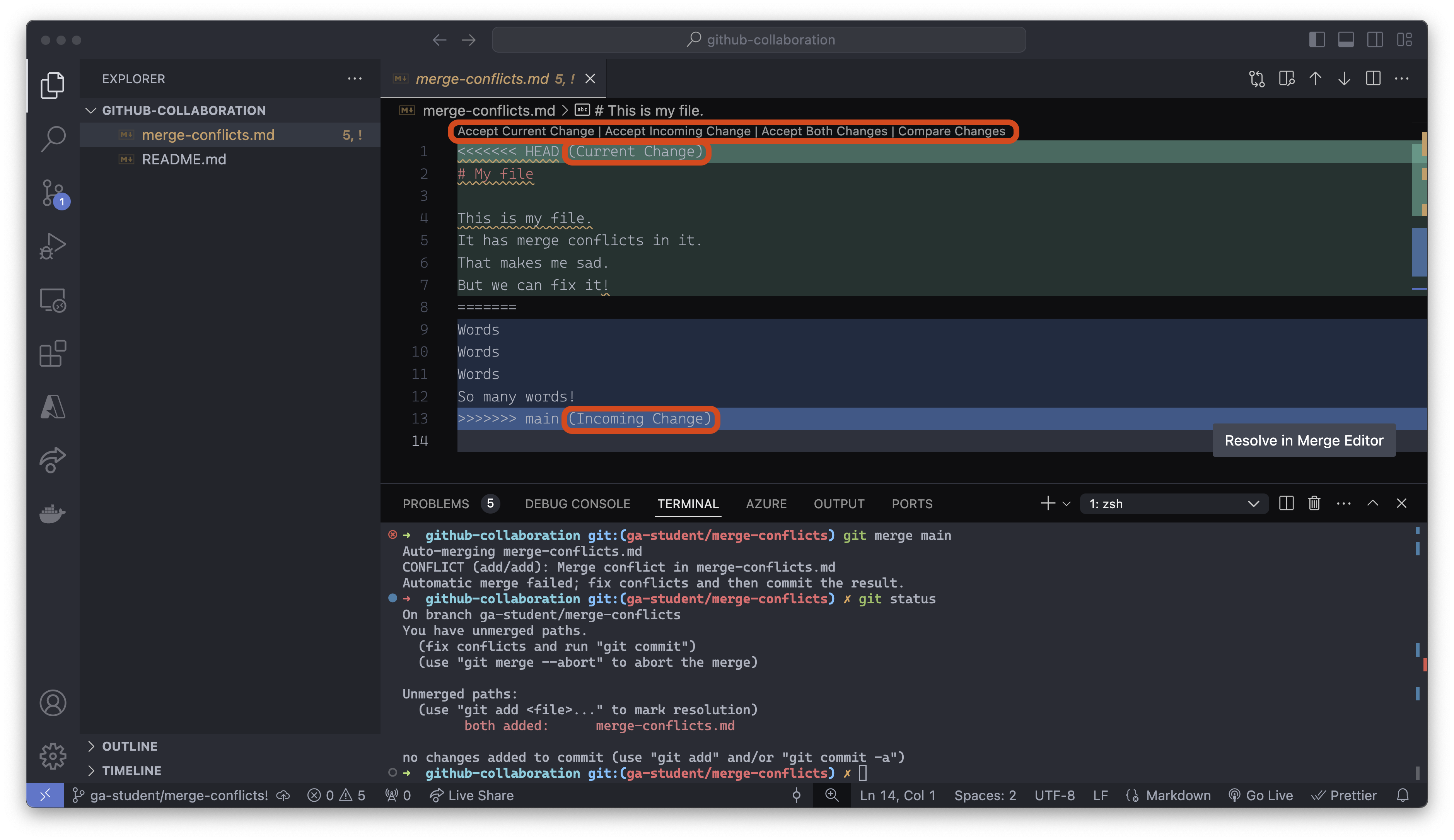 The VS Code UI, giving us options to resolve our merge conflicts
