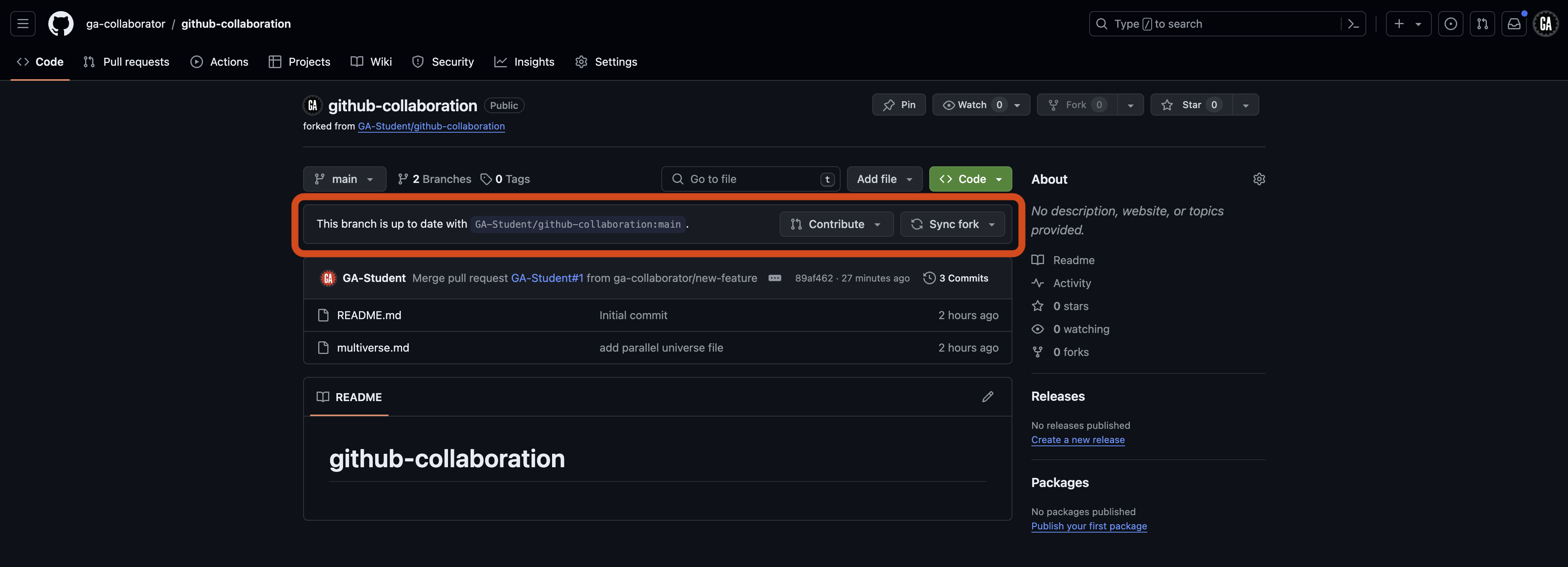 Screenshot of the GitHub repository page for 'ga-collaborator/github-collaboration'. The outlined section shows that the repository is forked from 'GA-Student/github-collaboration' and that up to date with the main branch in that repo main repository.