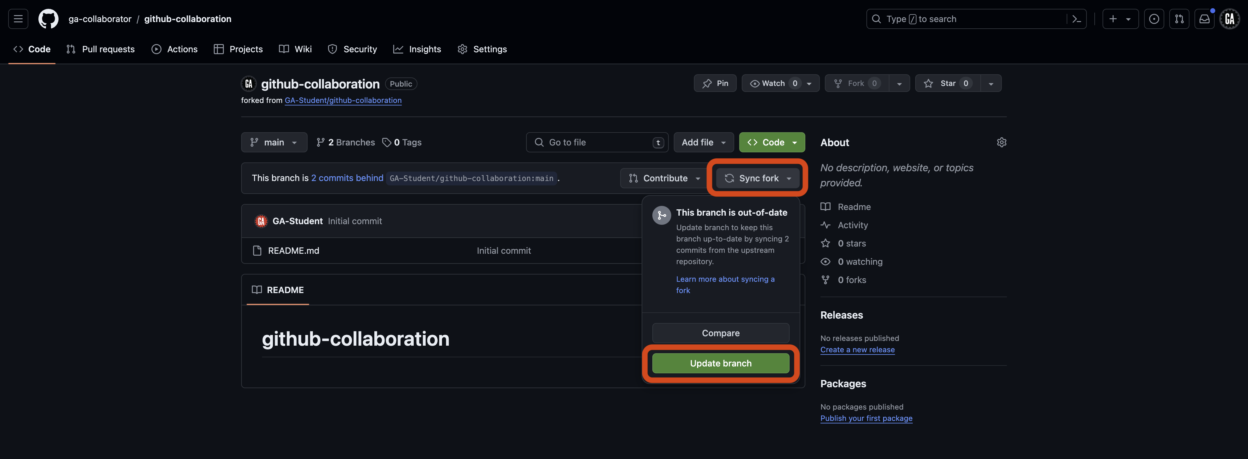 Screenshot of the GitHub repository page for 'ga-collaborator/github-collaboration'. The 'Sync fork' button is outlined in red, along with the 'Update branch' button inside the dropdown.