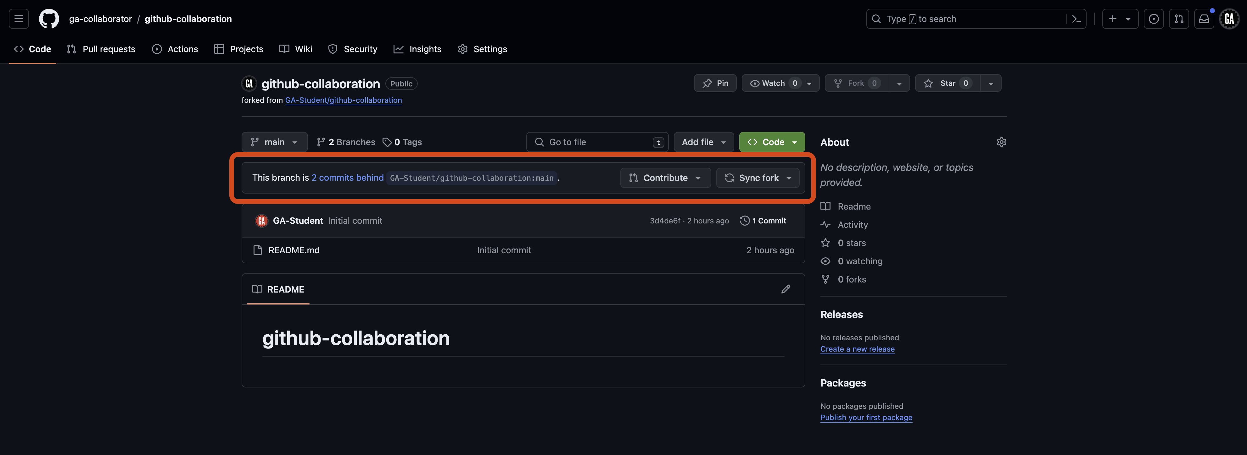 Screenshot of the GitHub repository page for 'ga-collaborator/github-collaboration'. The outlined section shows that the repository is forked from 'GA-Student/github-collaboration' and that it is 2 commits behind the main repository.