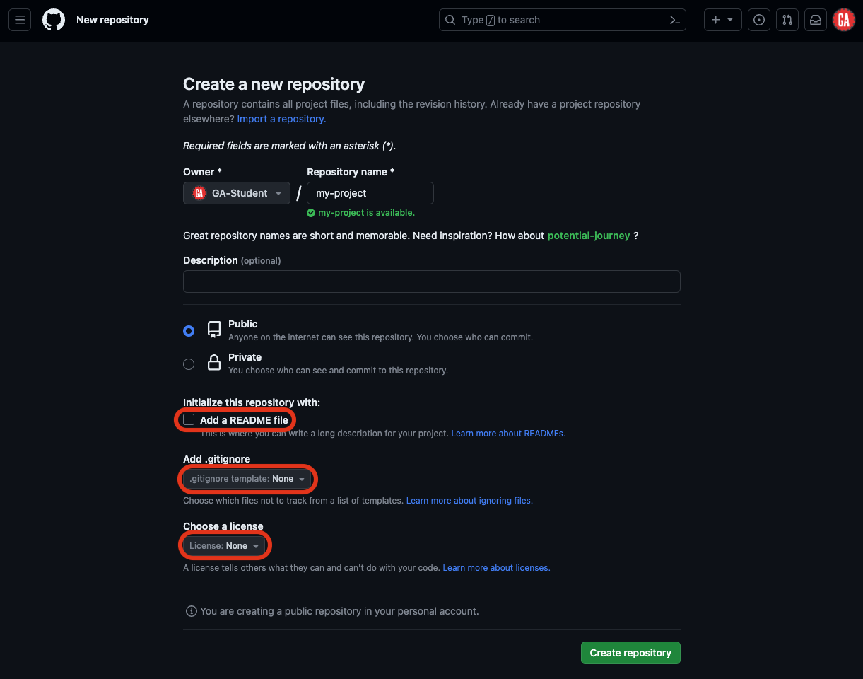 The repository will not be set up with a readme, will not have a `.gitignore` file, and will not have a license associated with it.