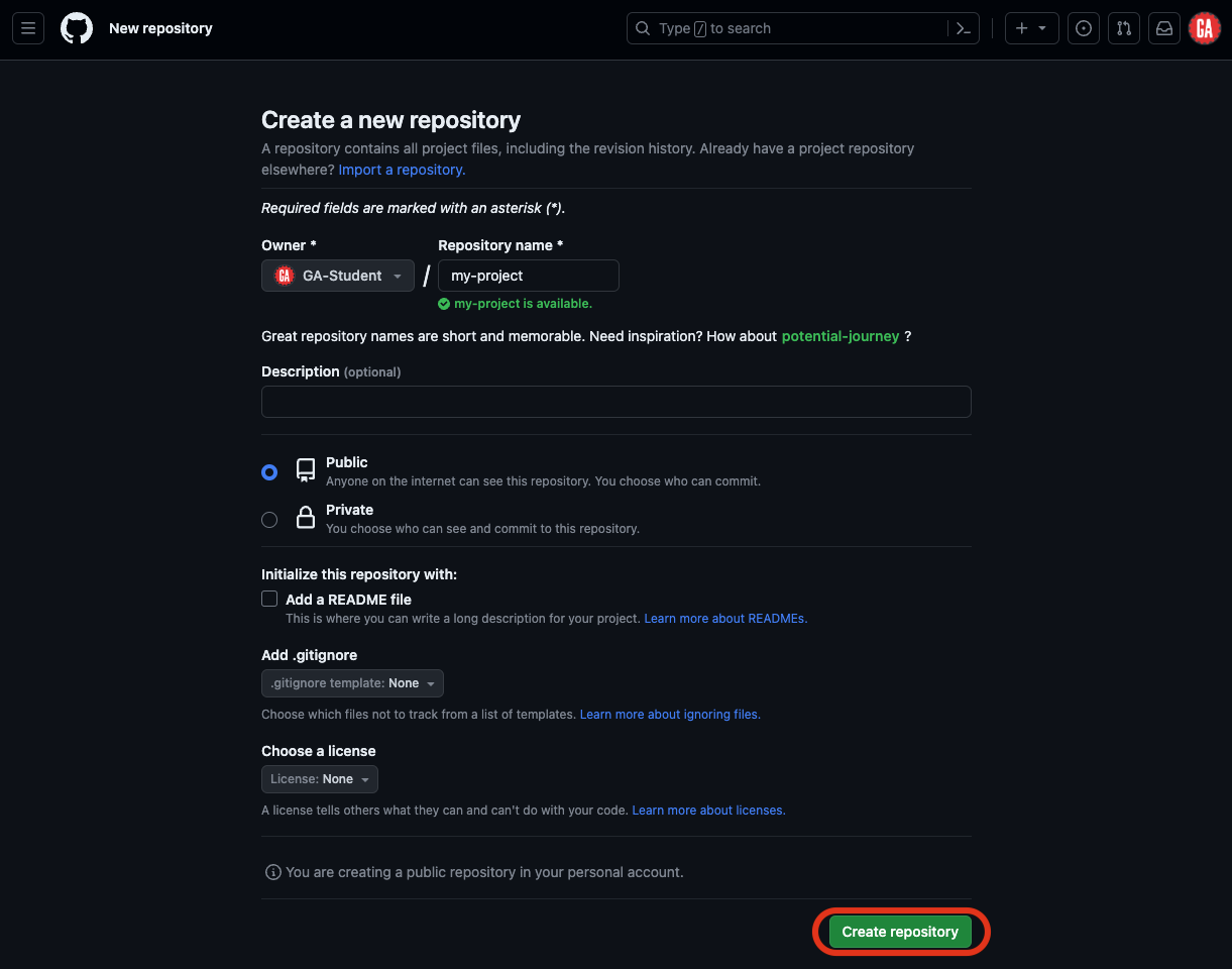 The Create repository button is highlighted.