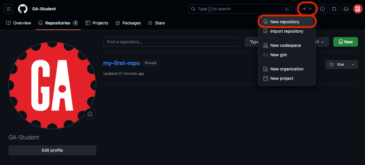 The New repository dropdown