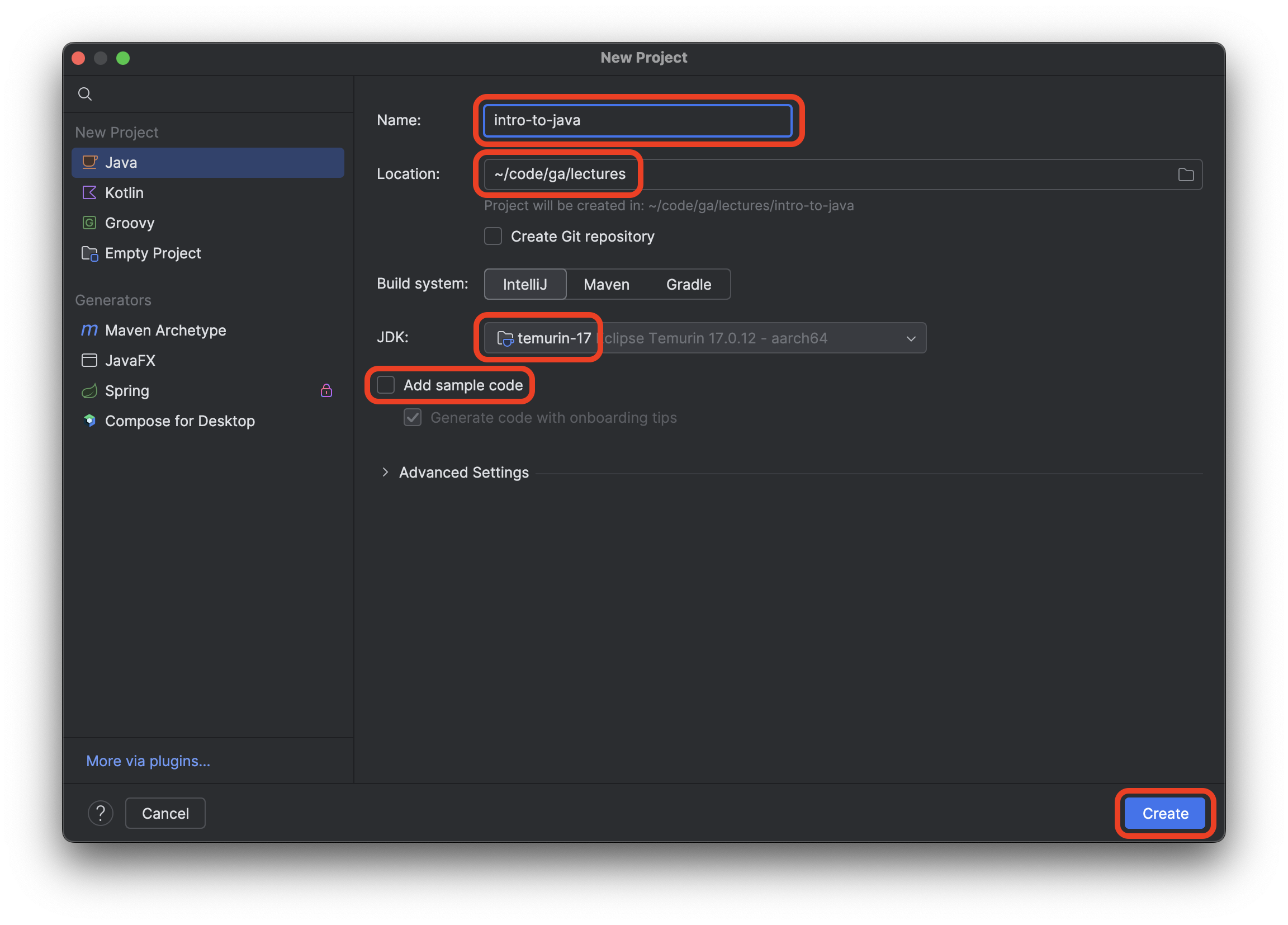 A new project being created with the appropriate values - intro-to-java is the project name, it's located in the ~/code/ga/lectures directory, the JDK is temurin-17, and the add sample code option is has been unchecked.