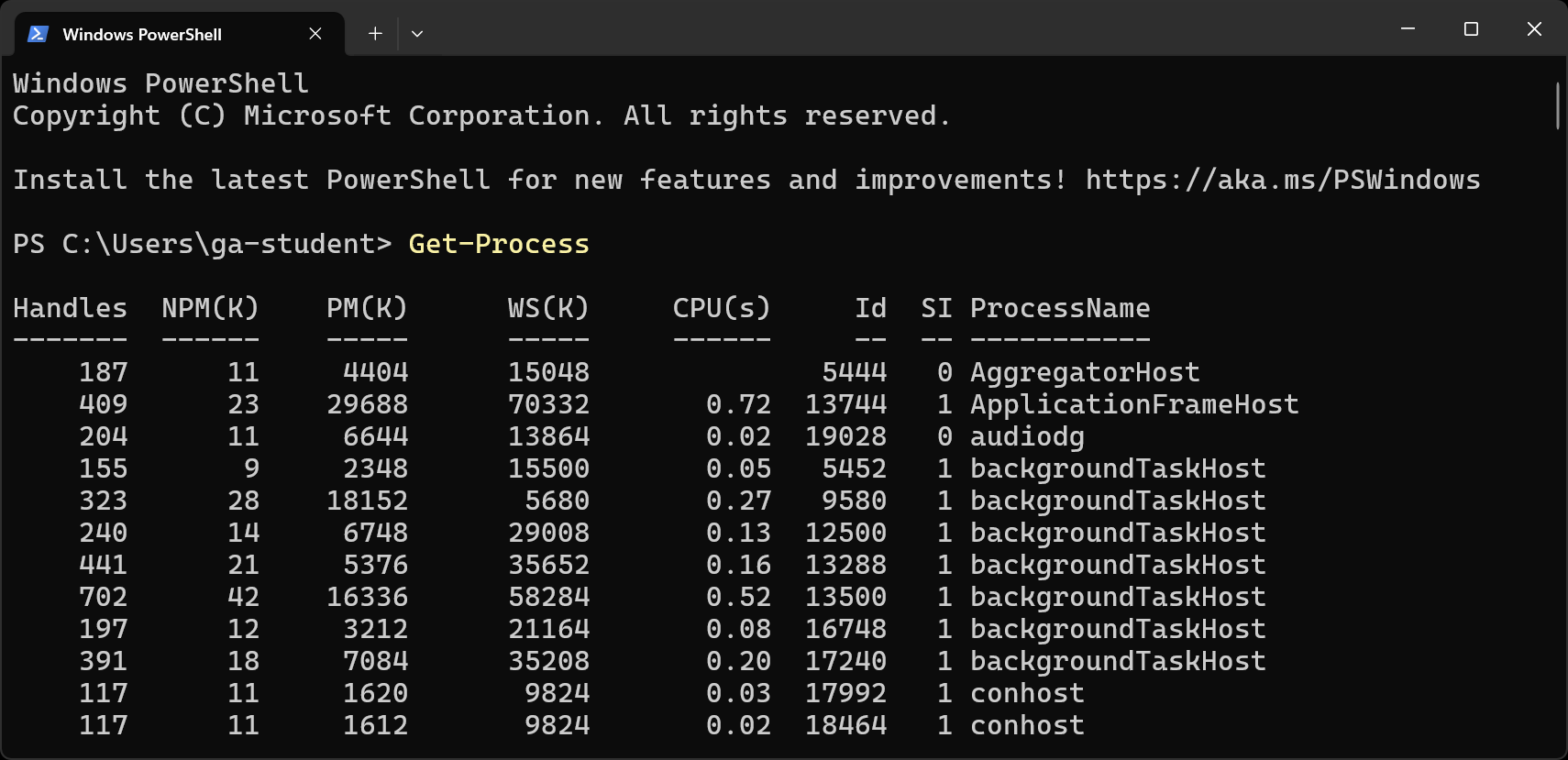 The output of the Get-Process command