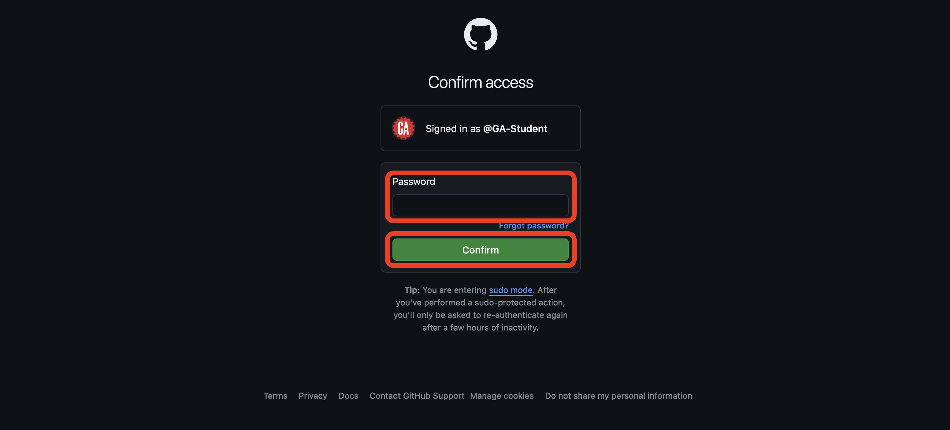 Screenshot of the GitHub 'Confirm access' page. The page prompts the user to enter their password to confirm access. The 'Password' input field and 'Confirm' button are outlined in red.