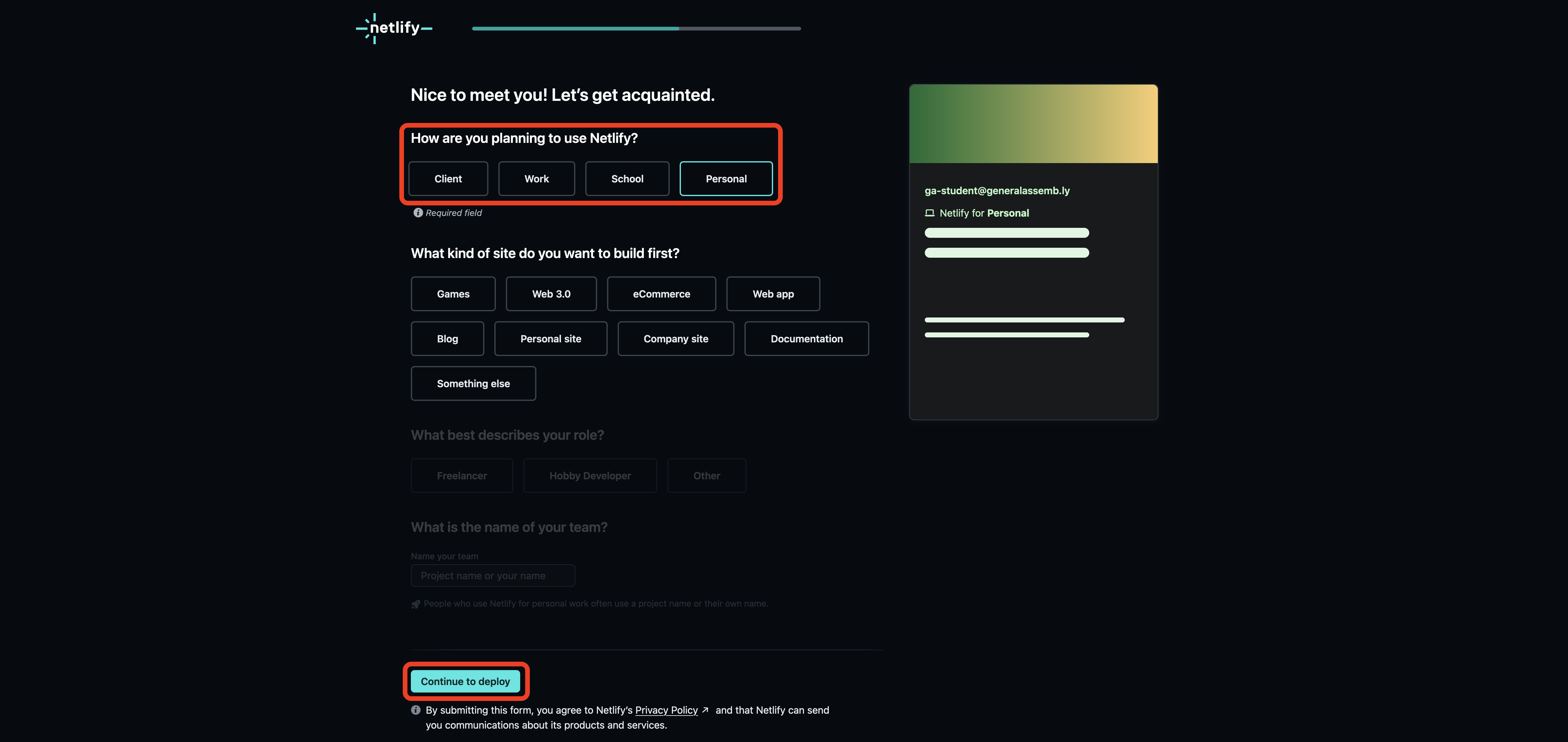 Screenshot of the Netlify onboarding page asking 'How are you planning to use Netlify?' outlined in red. A 'Continue to deploy' button is outlined in red at the bottom.