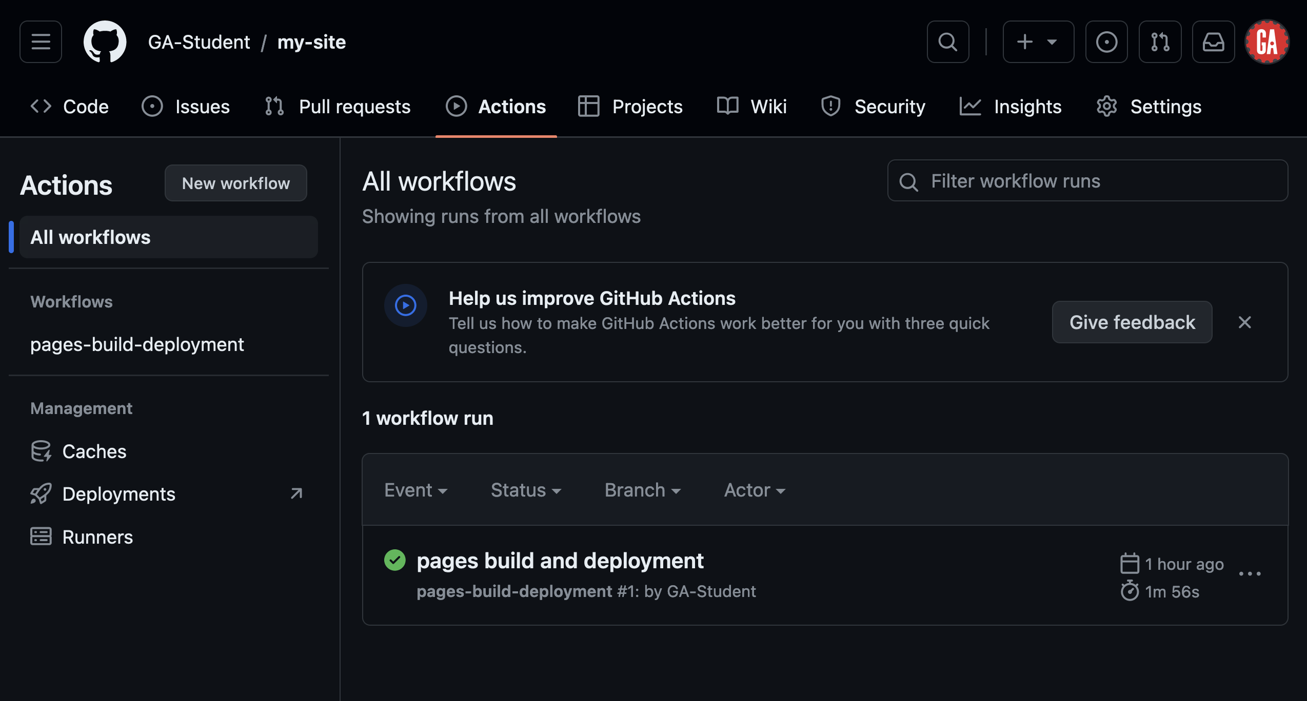 A screenshot showing the GitHub Actions tab of the 'my-site' repository. The last deployment completed successfully.