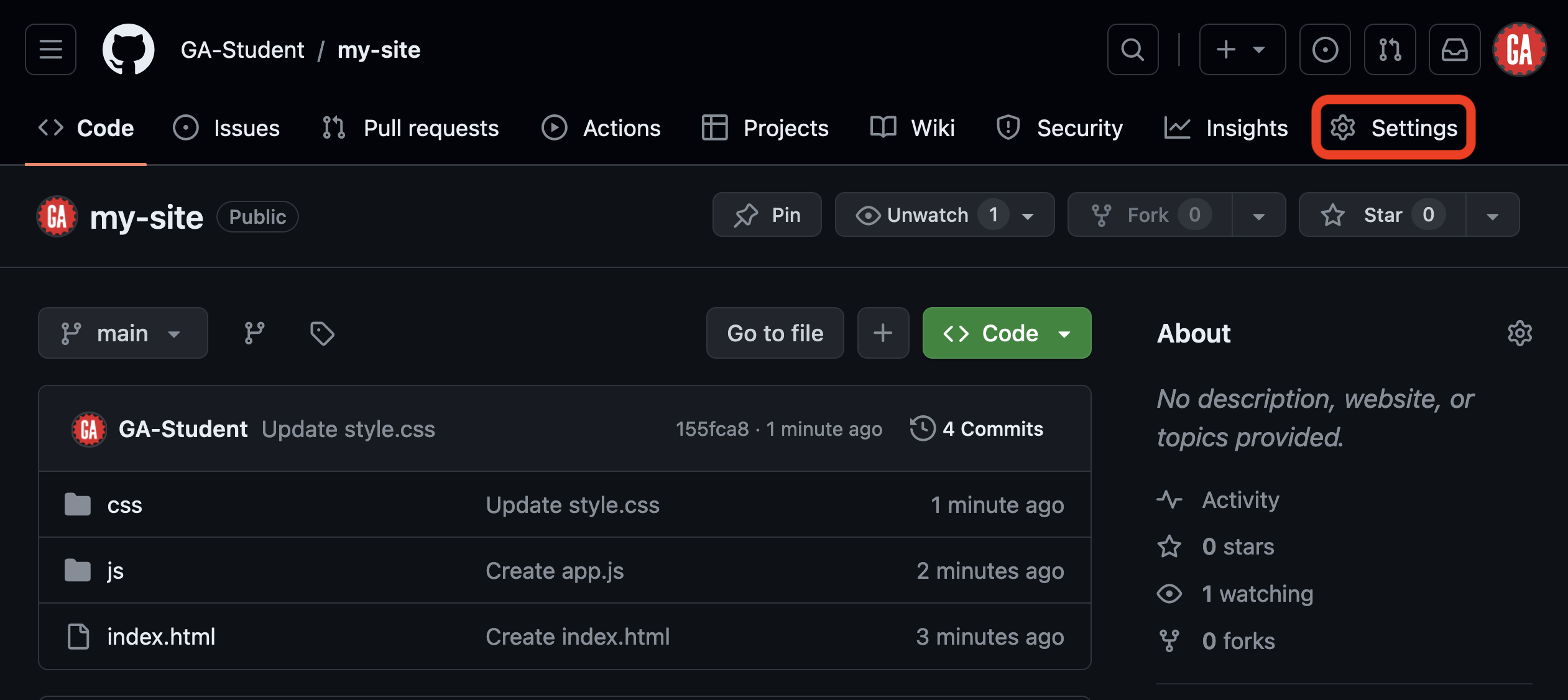 A screenshot of a GitHub repository page named 'my-site', marked as public. In the repository's navigation bar the Settings tab is outlined in red.