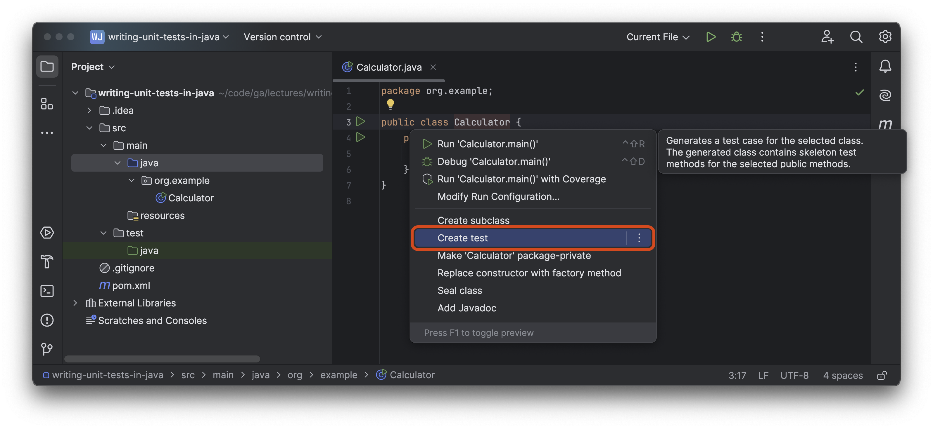 Creating a test for the Calculator class. The Create test option is outlined in red.