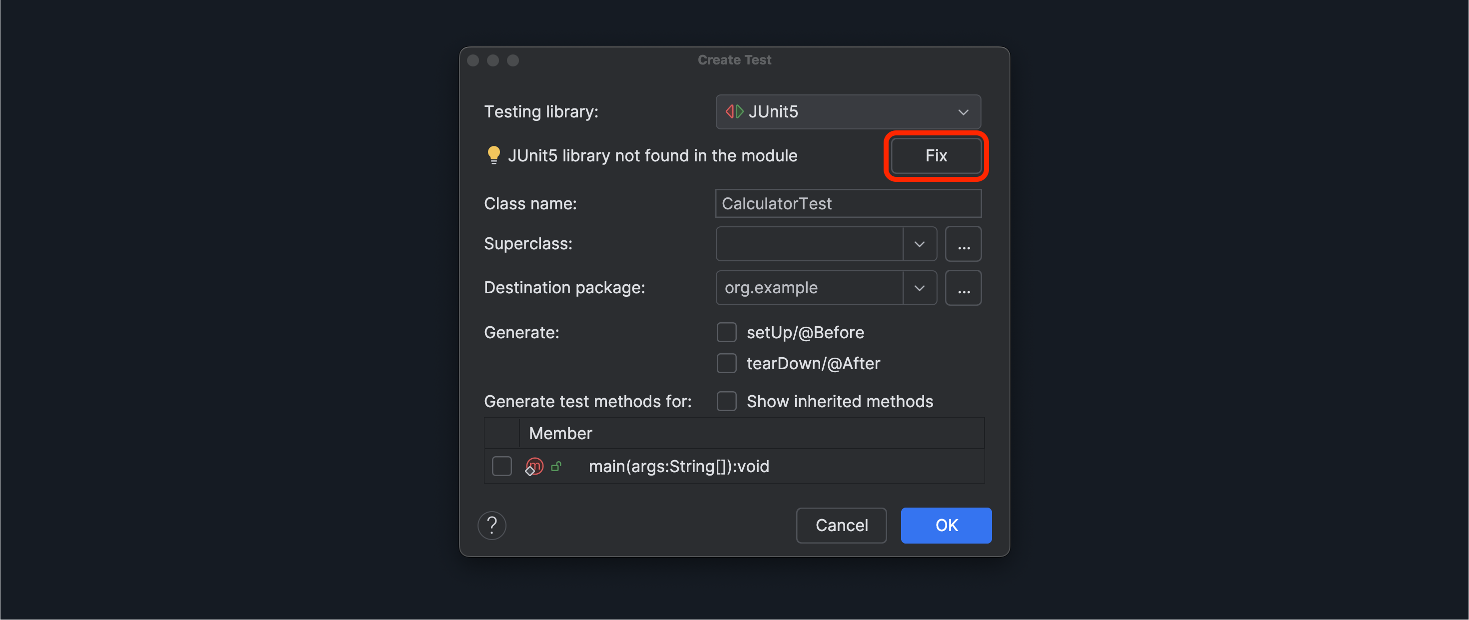 In the Create Test dialog box, the correct values have been entered/selected and the Fix button is outlined in red.