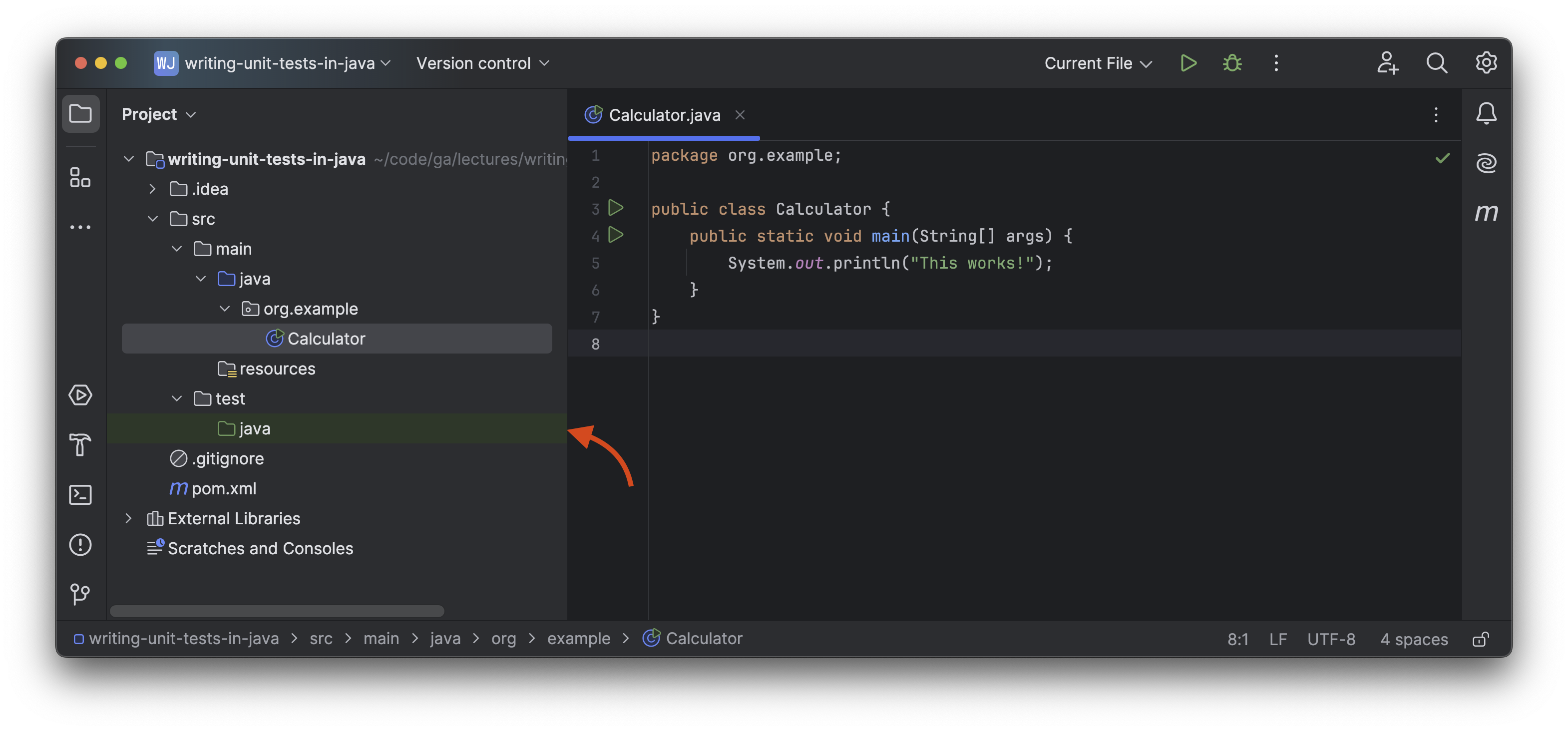 In the Project tool window, the src/test/java directory is colored with a green background.