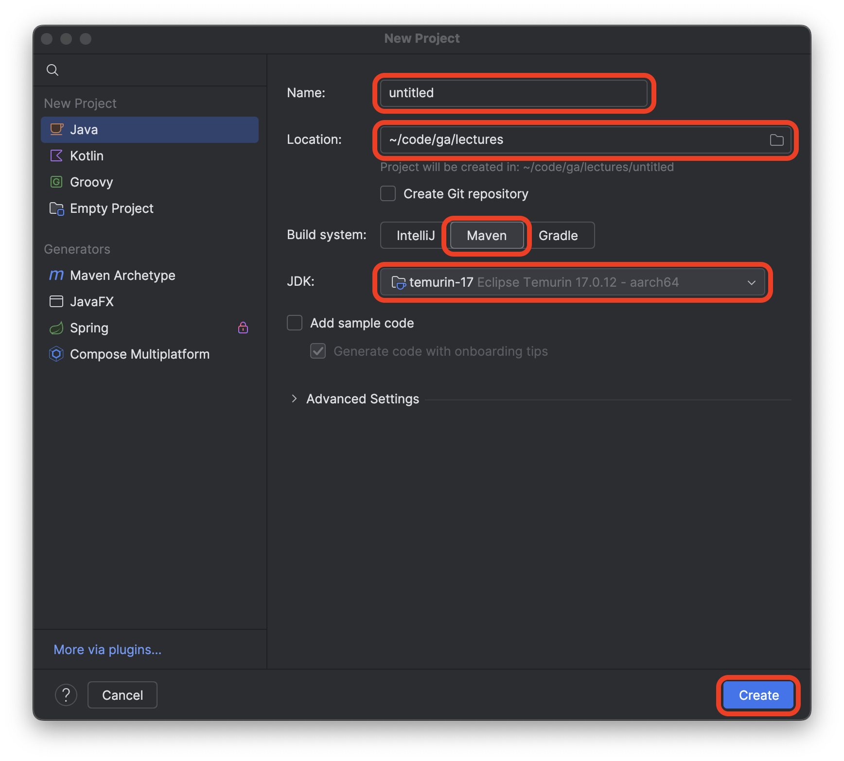 A new project being created in the ~/code/ga/labs directory, the JDK is temurin-17, and the add sample code option is has been unchecked. The name of the project should be writing-unit-tests-in-java.