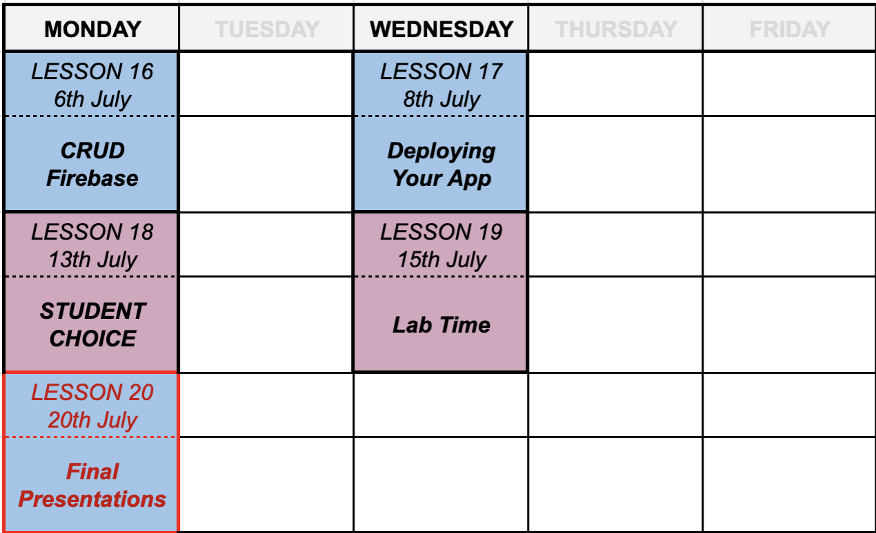 Final lessons schedule